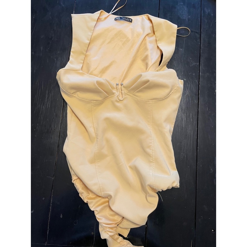 ZARA Satin Corset Bodysuit Bustier Top Square Neck Snap Closure Light Yellow S